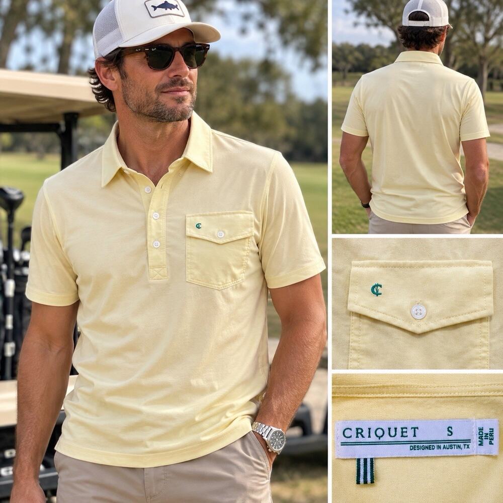 Criquet Men’s S Polo Shirt Yellow Pima Cotton Stretch Pocket Golf Preppy Austin